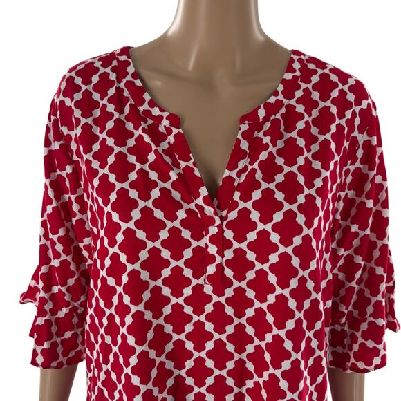 Escapada Red Ruffled Sleeve White Lattice V Neck Top - Picture 3 of 8